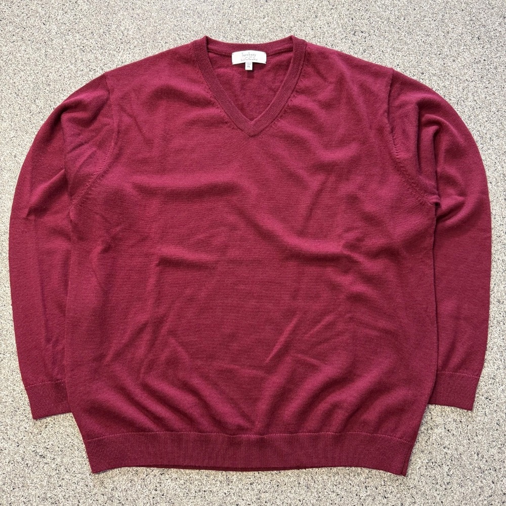 Turnbury Sweater Mens XL V Neck Fine Merino Wool Red Long Sleeve
